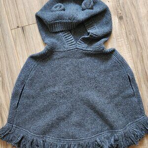 GAP Gray Poncho with Hood and Fringe Detail